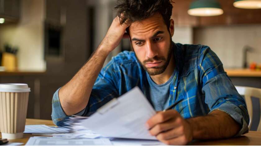 rapaz de cabelos pretos e camisa azul segurando um papel, com a mão na cabeça e semblante preocupado pela falta de dinheiro