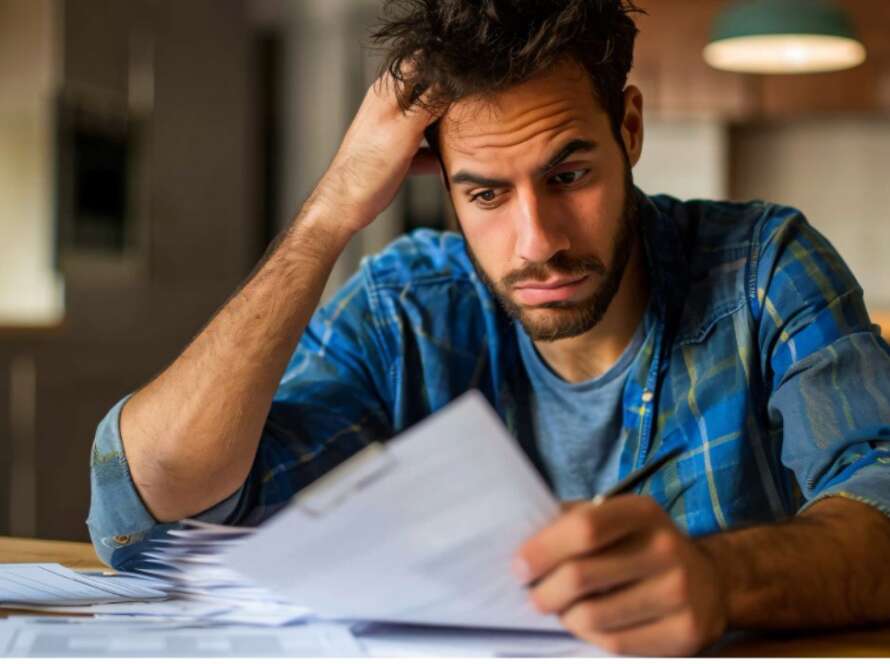 rapaz de cabelos pretos e camisa azul segurando um papel, com a mão na cabeça e semblante preocupado pela falta de dinheiro